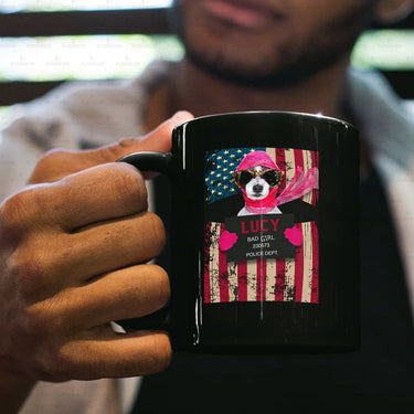 Personalized Dog Gift Idea - Bad Dog Girl With Pink Scarf And Glasses For Dog Lovers - Black Mug